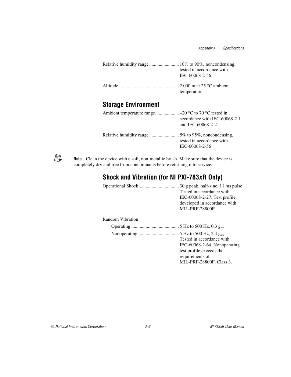 Storage environment, Shock and vibration (for ni pxi-783 x r only) | National Instruments NI 783xR User Manual | Page 54 / 73