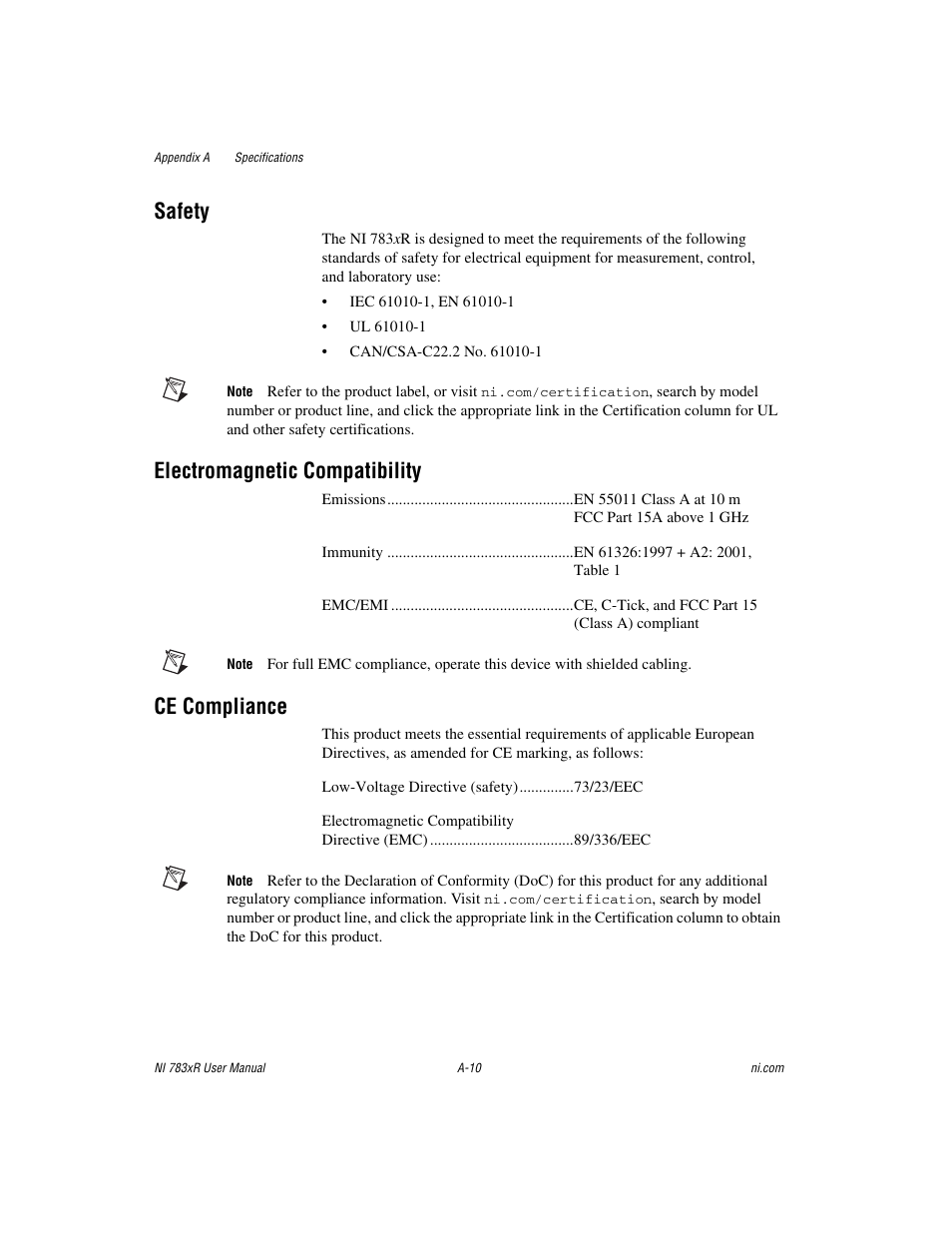 Safety, Electromagnetic compatibility, Ce compliance | National Instruments NI 783xR User Manual | Page 55 / 73