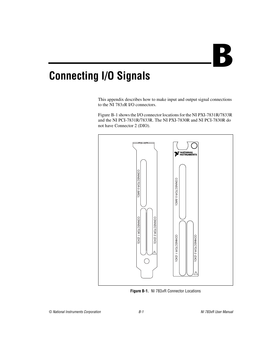 Appendix b connecting i/o signals, Figure b-1. ni 783x r connector locations, Ni 783xr connector locations | Connecting i/o signals | National Instruments NI 783xR User Manual | Page 56 / 73