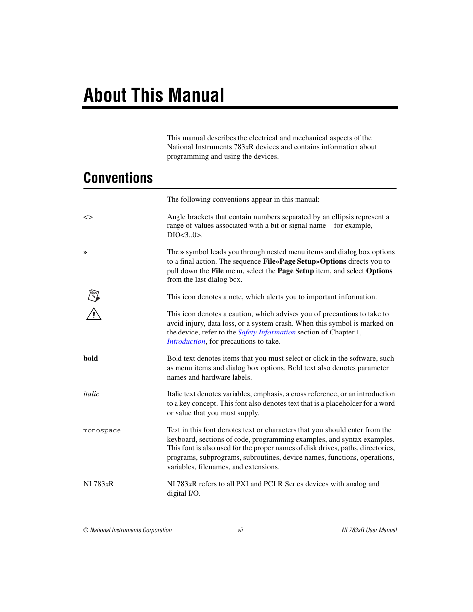 About this manual, Conventions | National Instruments NI 783xR User Manual | Page 7 / 73