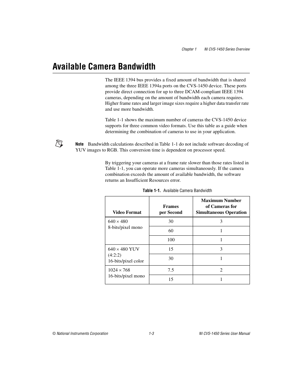 Available camera bandwidth, Table 1-1. available camera bandwidth, Available camera bandwidth -3 | National Instruments NI CVS-1450 Series User Manual | Page 11 / 91