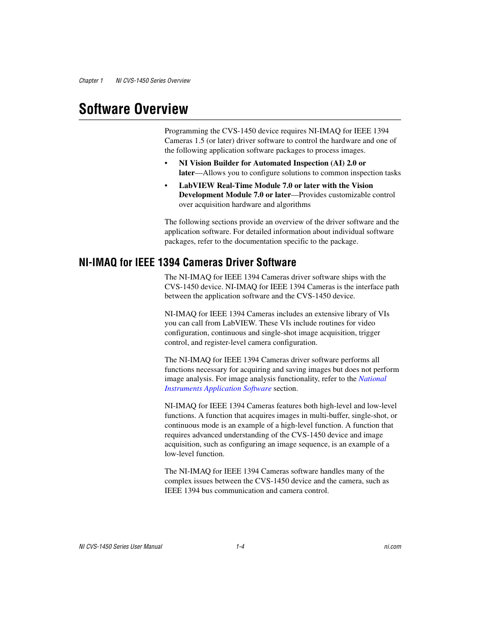 Software overview, Ni-imaq for ieee 1394 cameras driver software, Software overview -4 | Ni-imaq for ieee 1394 cameras driver software -4 | National Instruments NI CVS-1450 Series User Manual | Page 12 / 91