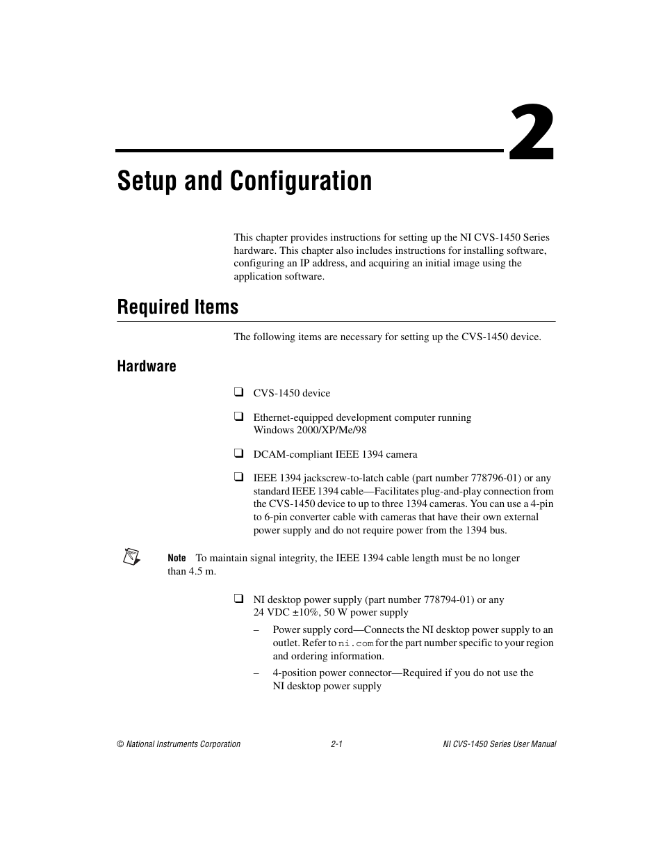 Chapter 2 setup and configuration, Required items, Hardware | Required items -1, Hardware -1, Setup and configuration | National Instruments NI CVS-1450 Series User Manual | Page 15 / 91