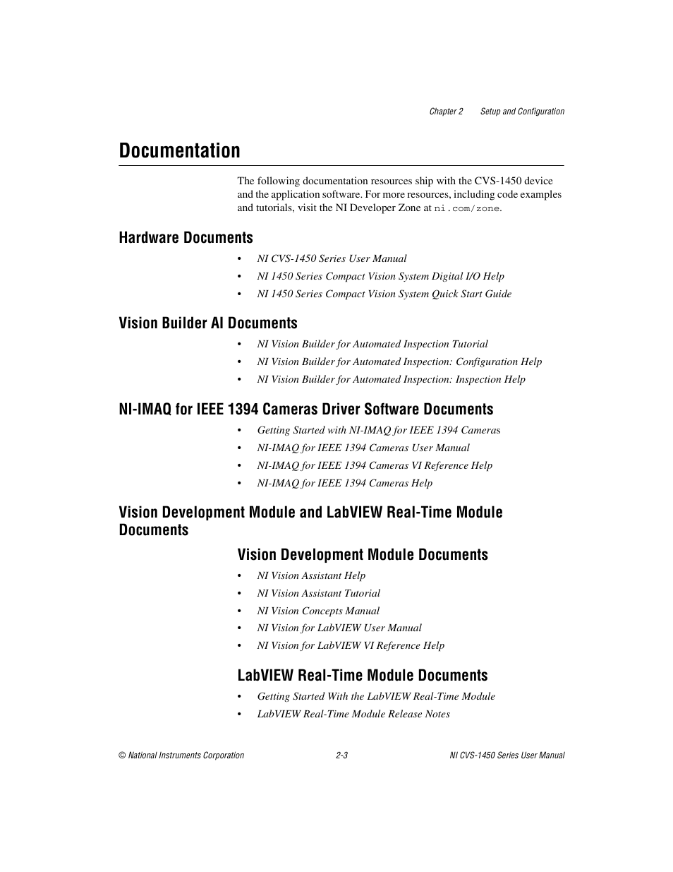 Documentation, Hardware documents, Vision builder ai documents | Vision development module documents, Labview real-time module documents, Documentation -3, Documents -3 | National Instruments NI CVS-1450 Series User Manual | Page 17 / 91
