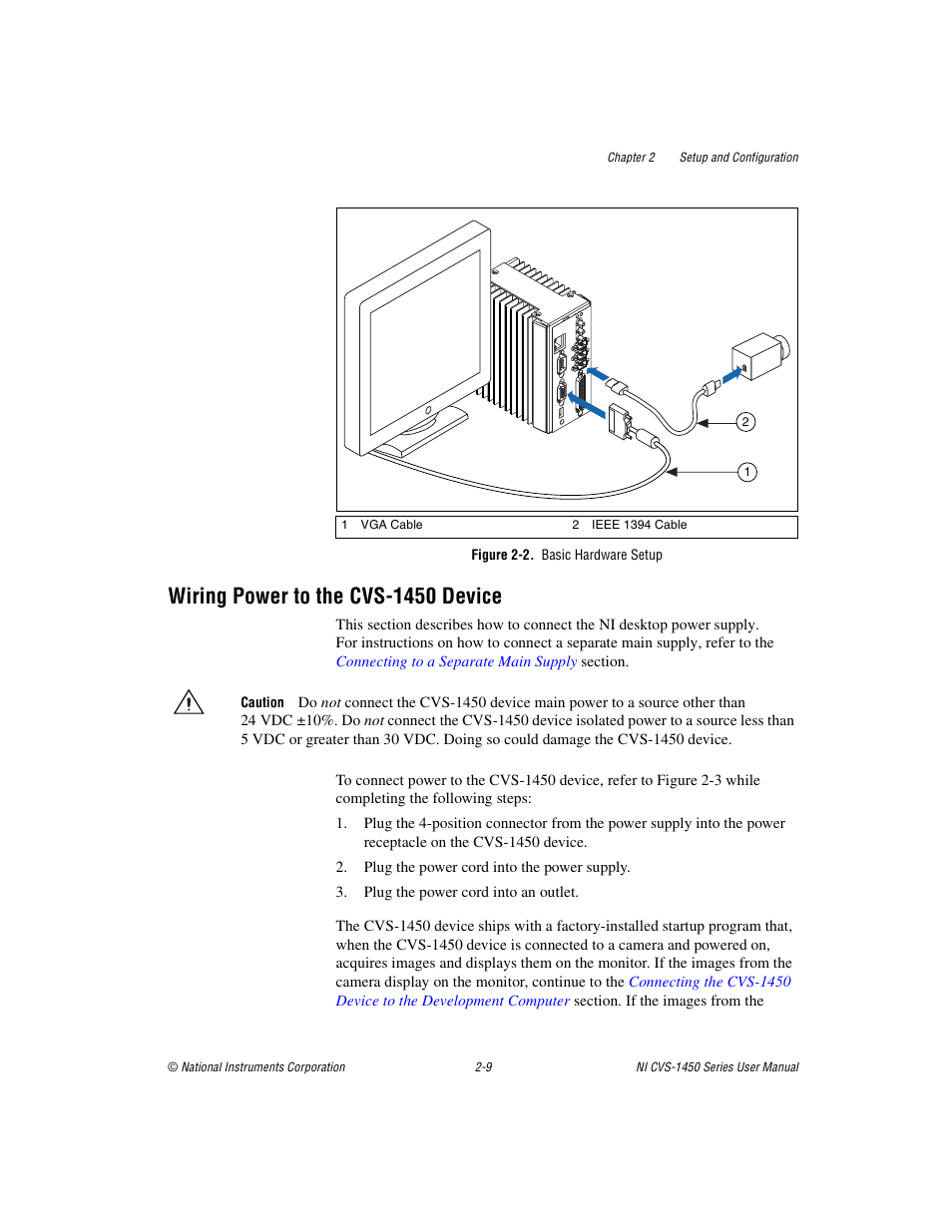 Figure 2-2. basic hardware setup, Wiring power to the cvs-1450 device, Wiring power to the cvs-1450 device -9 | National Instruments NI CVS-1450 Series User Manual | Page 23 / 91