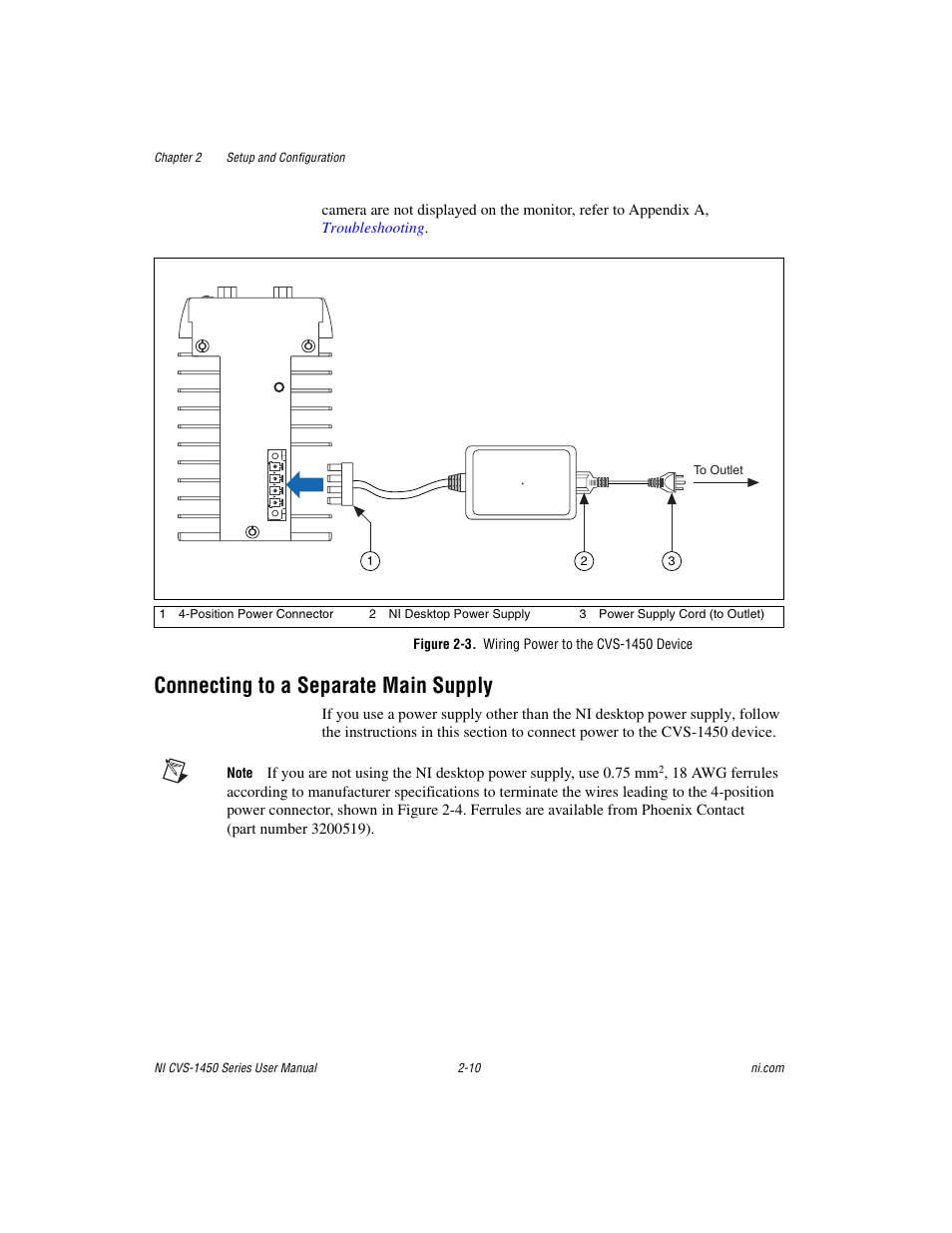 Figure 2-3. wiring power to the cvs-1450 device, Connecting to a separate main supply, Connecting to a separate main supply -10 | Re 2-3 | National Instruments NI CVS-1450 Series User Manual | Page 24 / 91