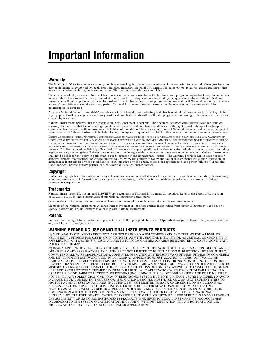 Important information, Warranty, Copyright | Trademarks, Patents | National Instruments NI CVS-1450 Series User Manual | Page 3 / 91