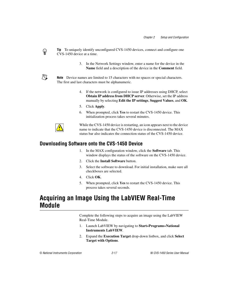 Downloading software onto the cvs-1450 device, Downloading software onto the cvs-1450 device -17 | National Instruments NI CVS-1450 Series User Manual | Page 31 / 91