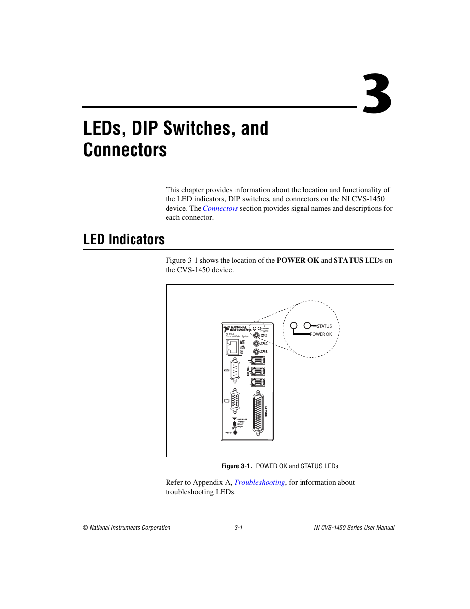 Chapter 3 leds, dip switches, and connectors, Led indicators, Figure 3-1. power ok and status leds | Led indicators -1, Apter 3, Leds, Dip switches, and connectors, Leds, dip switches, and connectors | National Instruments NI CVS-1450 Series User Manual | Page 33 / 91