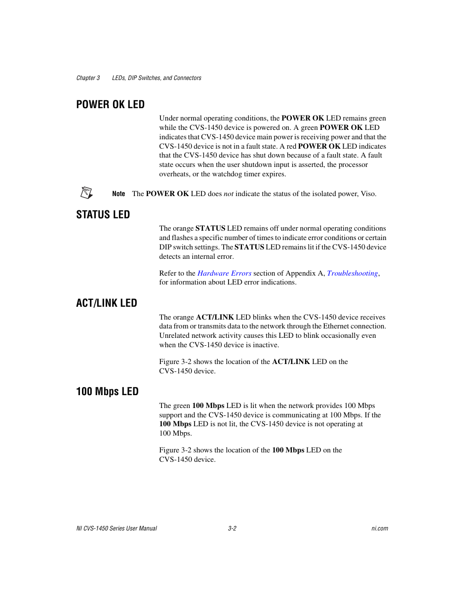 Power ok led, Status led, Act/link led | 100 mbps led | National Instruments NI CVS-1450 Series User Manual | Page 34 / 91