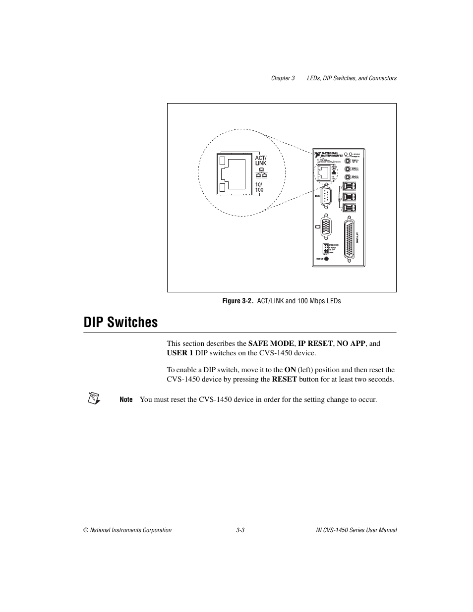Figure 3-2. act/link and 100 mbps leds, Dip switches, Dip switches -3 | E 3-2 s | National Instruments NI CVS-1450 Series User Manual | Page 35 / 91