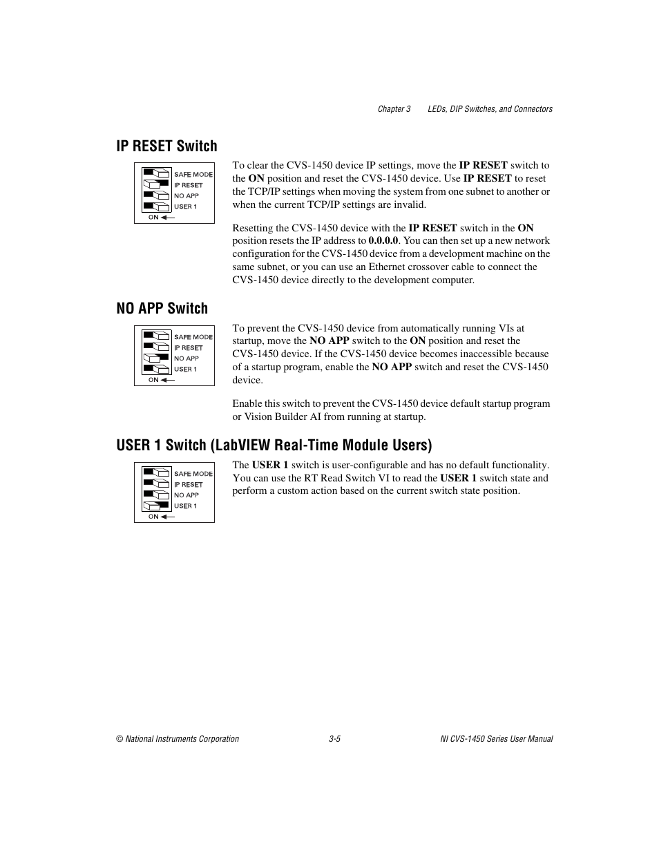 Ip reset switch, No app switch, User 1 switch (labview real-time module users) | National Instruments NI CVS-1450 Series User Manual | Page 37 / 91