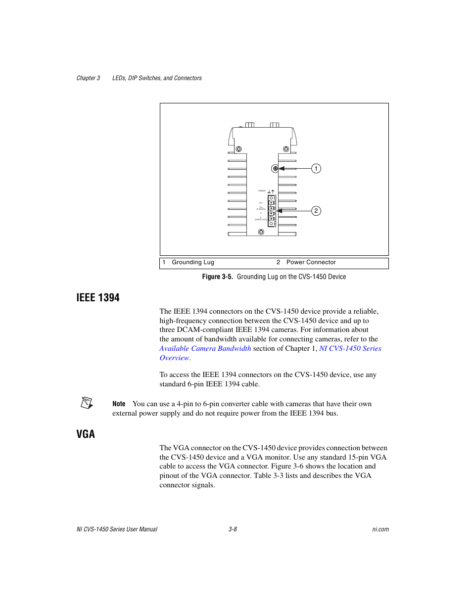 Figure 3-5. grounding lug on the cvs-1450 device, Ieee 1394, Ieee 1394 -8 vga -8 | National Instruments NI CVS-1450 Series User Manual | Page 40 / 91
