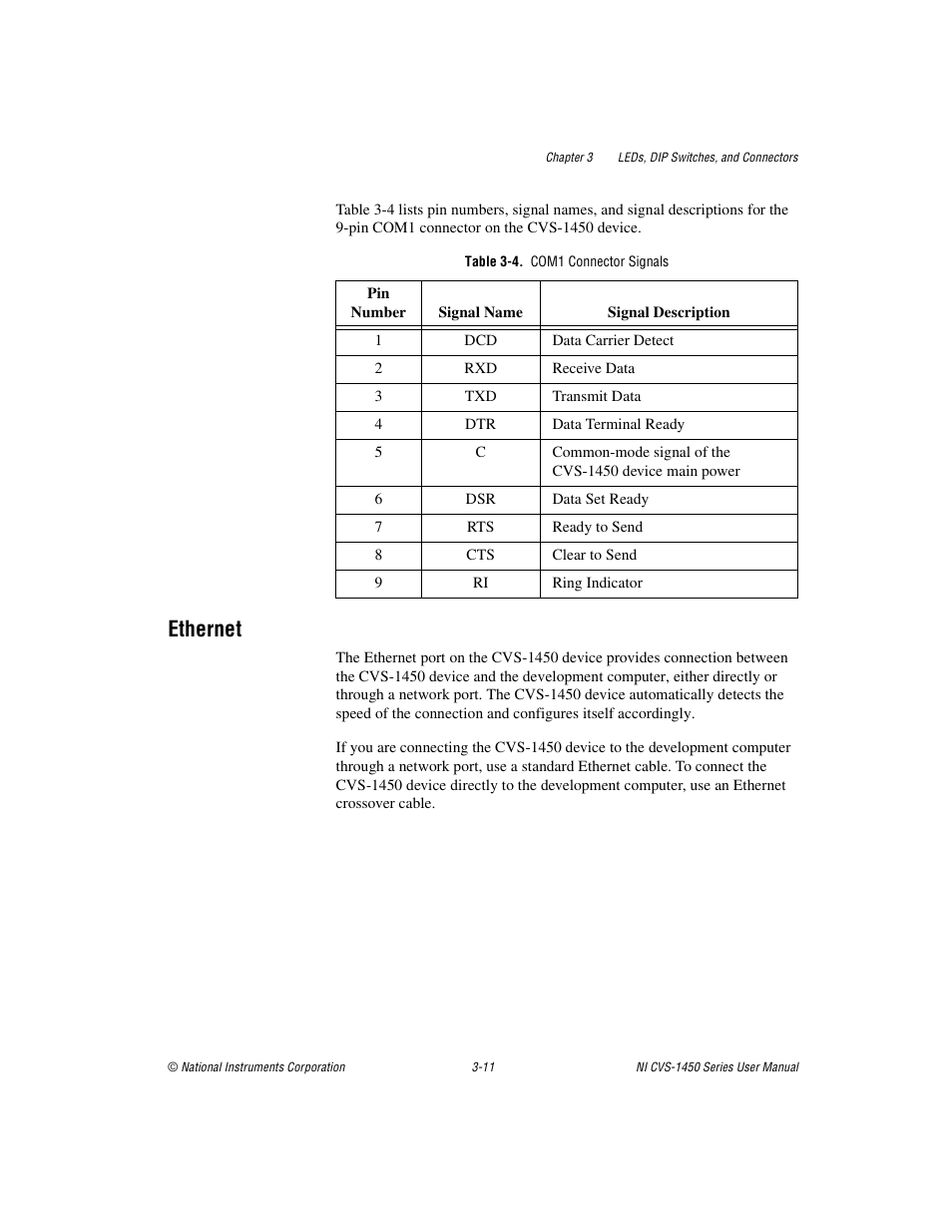 Table 3-4. com1 connector signals, Ethernet, Ethernet -11 | National Instruments NI CVS-1450 Series User Manual | Page 43 / 91