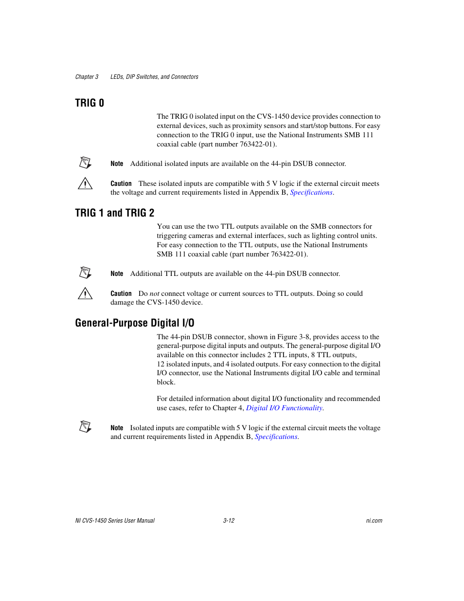 Trig 0, Trig 1 and trig 2, General-purpose digital i/o | National Instruments NI CVS-1450 Series User Manual | Page 44 / 91