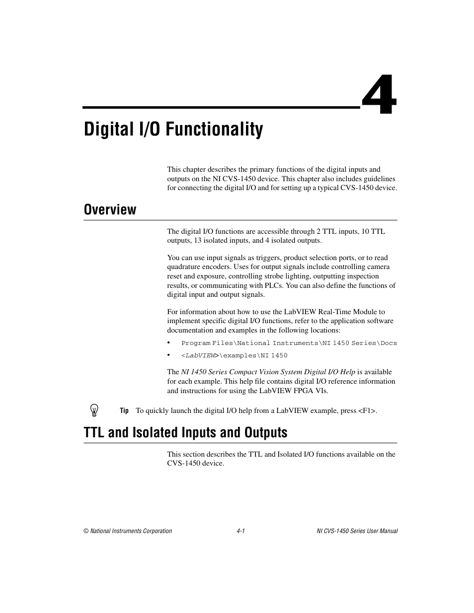 Chapter 4 digital i/o functionality, Overview, Ttl and isolated inputs and outputs | Overview -1 ttl and isolated inputs and outputs -1, Digital i/o functionality | National Instruments NI CVS-1450 Series User Manual | Page 49 / 91