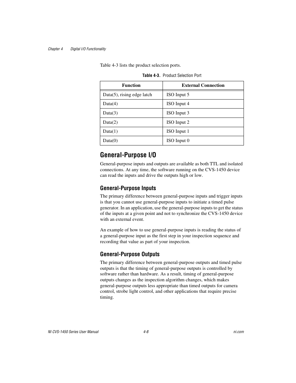 Table 4-3. product selection port, General-purpose i/o, General-purpose i/o -8 | National Instruments NI CVS-1450 Series User Manual | Page 56 / 91