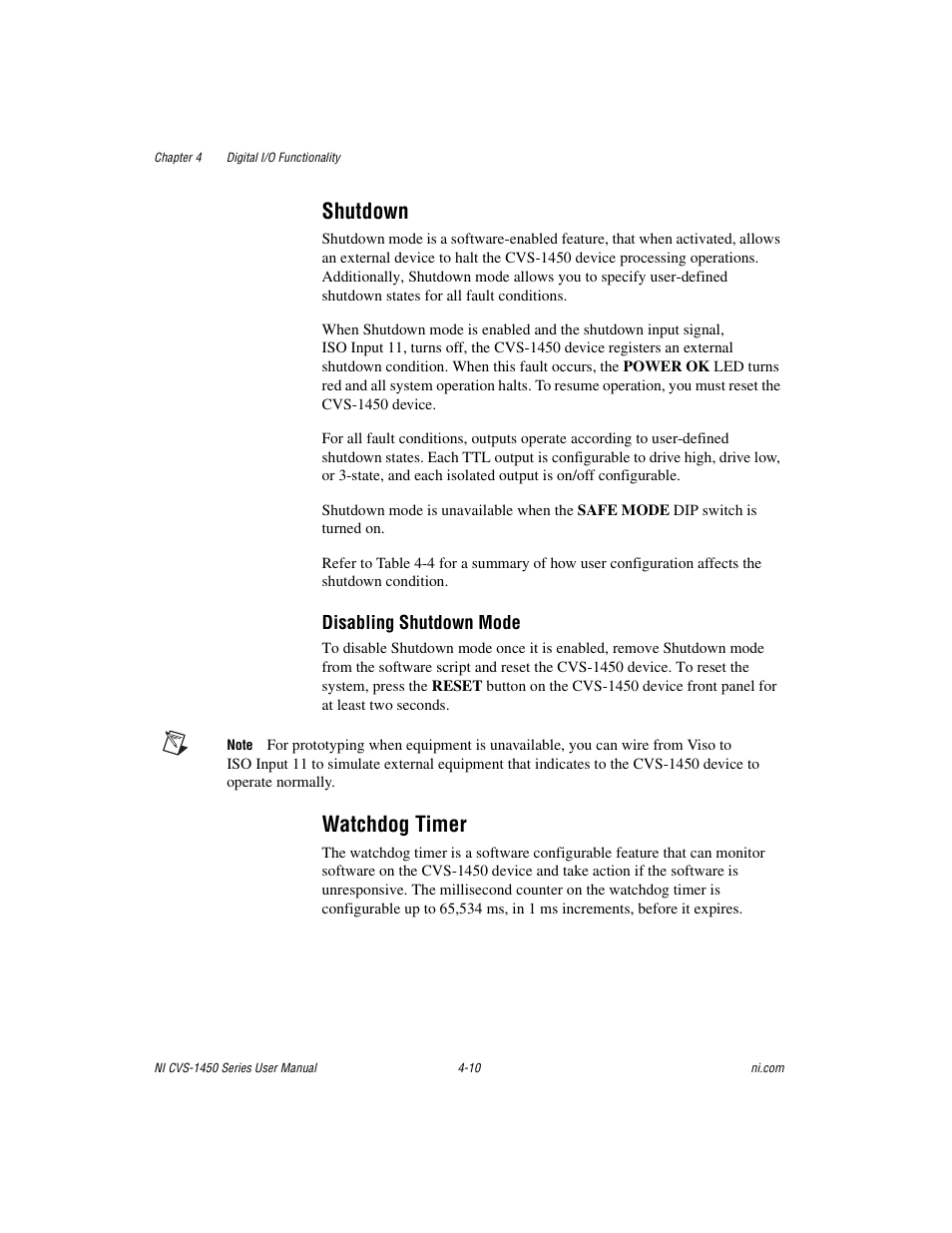 Shutdown, Watchdog timer, Shutdown -10 watchdog timer -10 | National Instruments NI CVS-1450 Series User Manual | Page 58 / 91