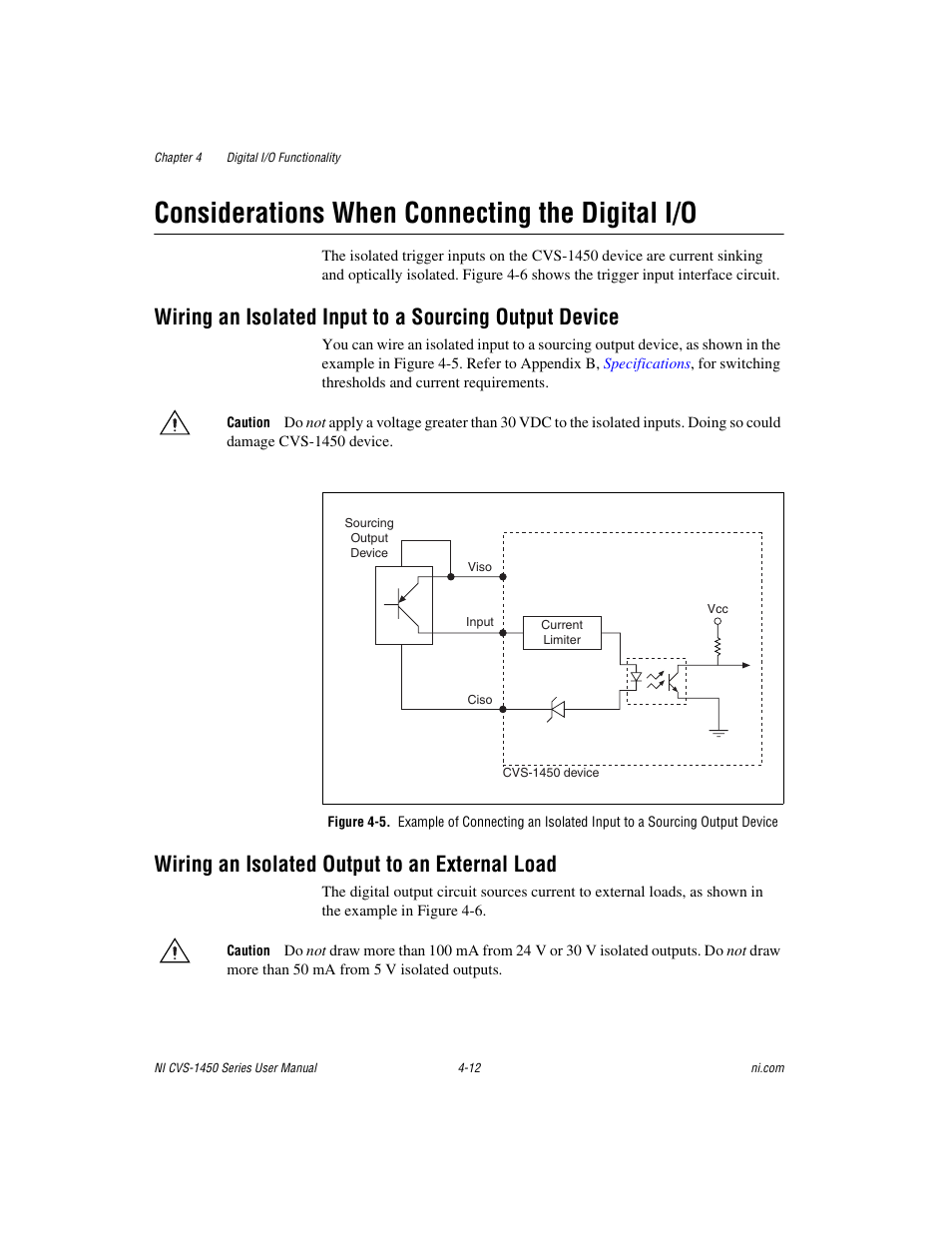 Considerations when connecting the digital i/o, Wiring an isolated output to an external load, Considerations when connecting the digital i/o -12 | National Instruments NI CVS-1450 Series User Manual | Page 60 / 91