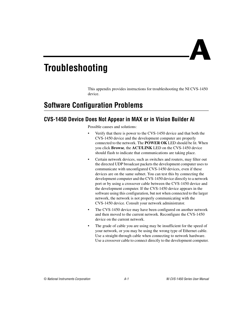 Appendix a troubleshooting, Troubleshooting, Software configuration problems | National Instruments NI CVS-1450 Series User Manual | Page 68 / 91