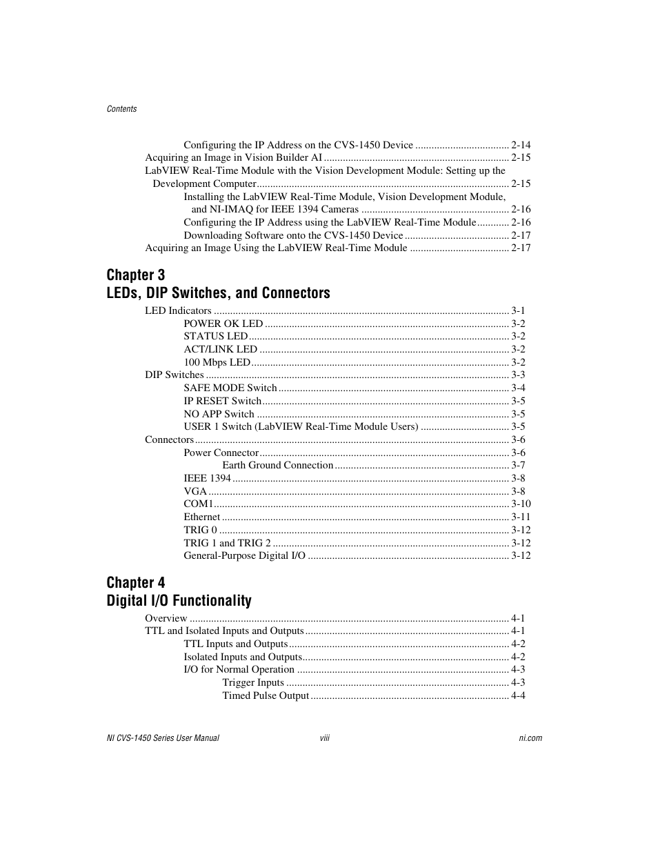 Chapter 3 leds, dip switches, and connectors, Chapter 4 digital i/o functionality | National Instruments NI CVS-1450 Series User Manual | Page 7 / 91