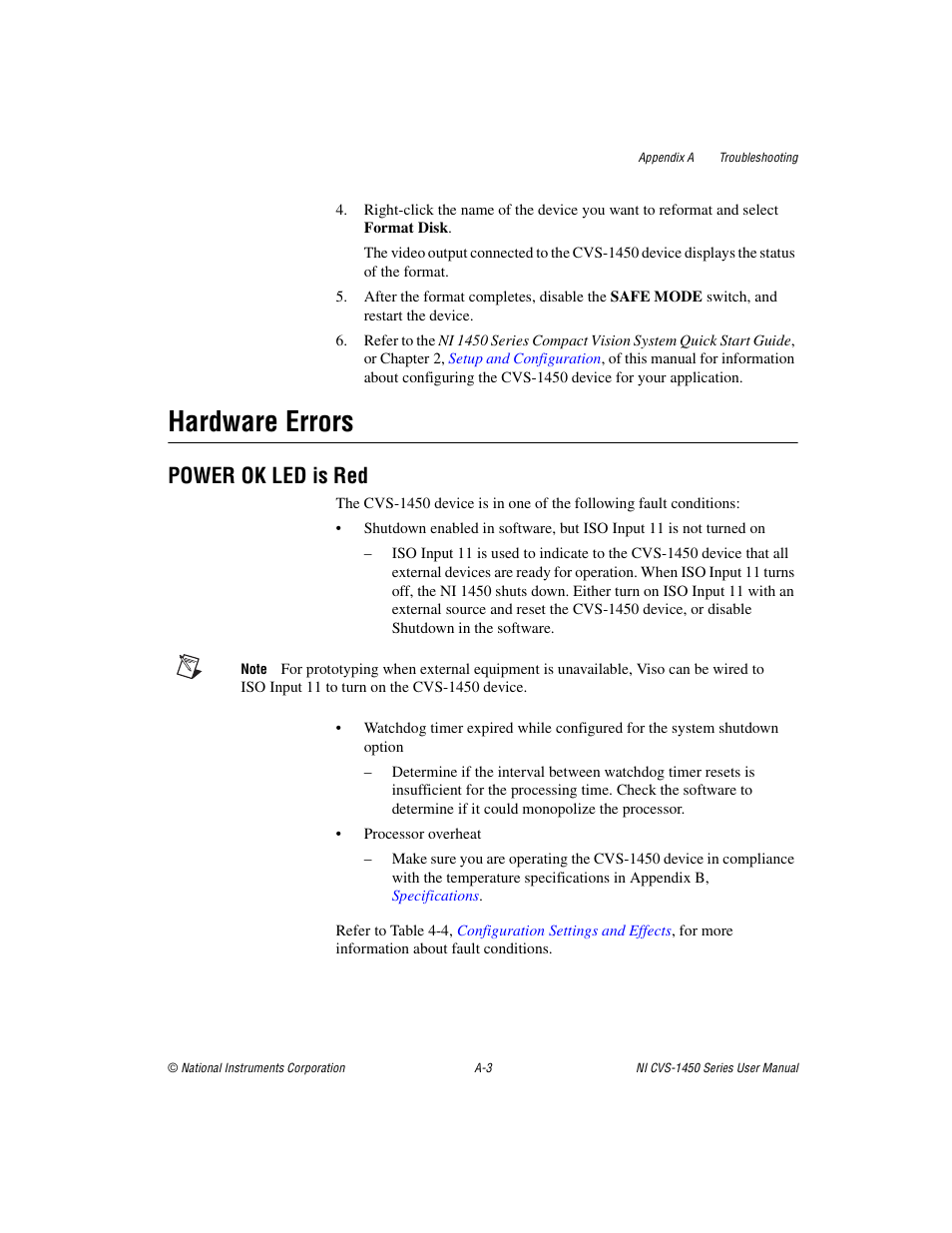 Hardware errors, Power ok led is red | National Instruments NI CVS-1450 Series User Manual | Page 70 / 91