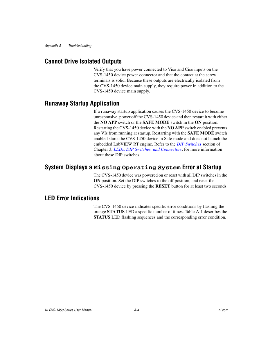 Cannot drive isolated outputs, Runaway startup application, Led error indications | National Instruments NI CVS-1450 Series User Manual | Page 71 / 91