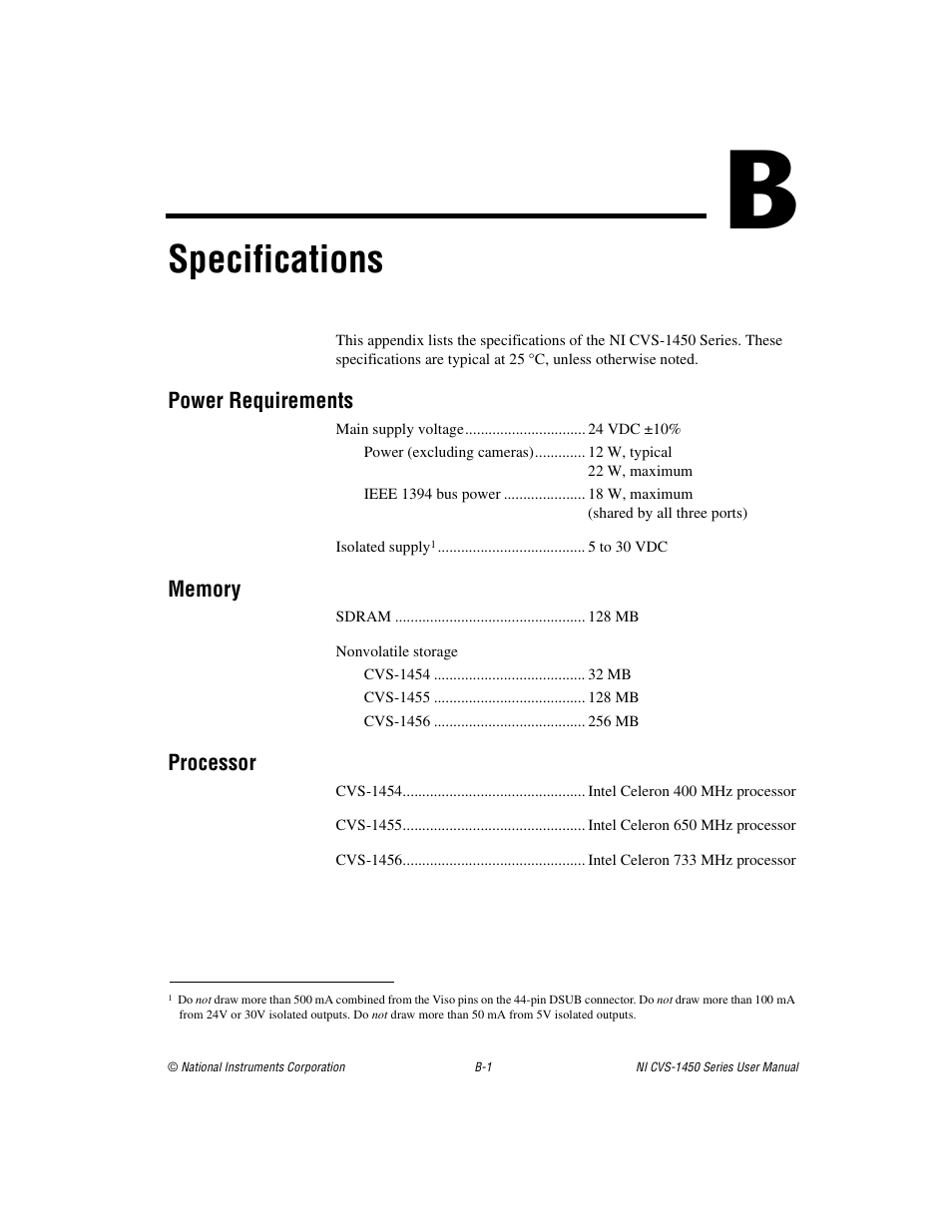 Appendix b specifications, Specifications | National Instruments NI CVS-1450 Series User Manual | Page 73 / 91