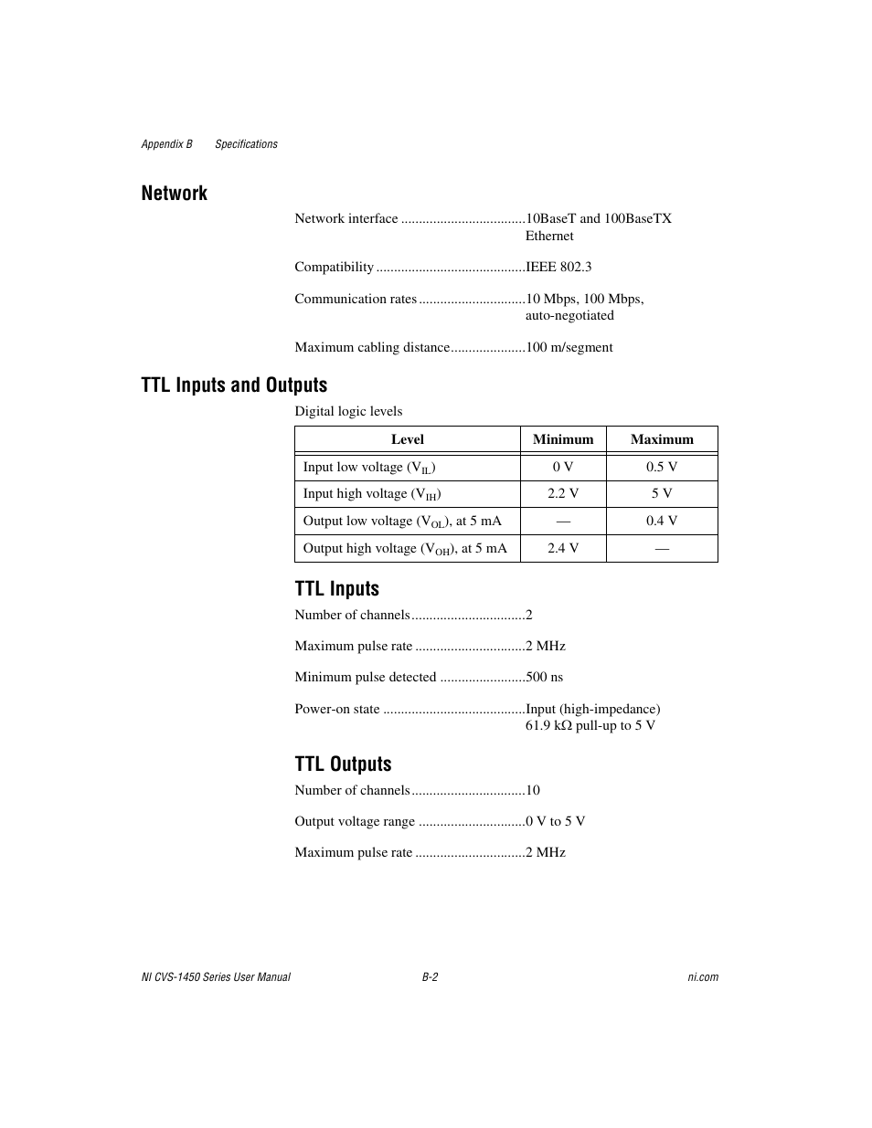 Network, Ttl inputs and outputs, Ttl inputs | Ttl outputs | National Instruments NI CVS-1450 Series User Manual | Page 74 / 91