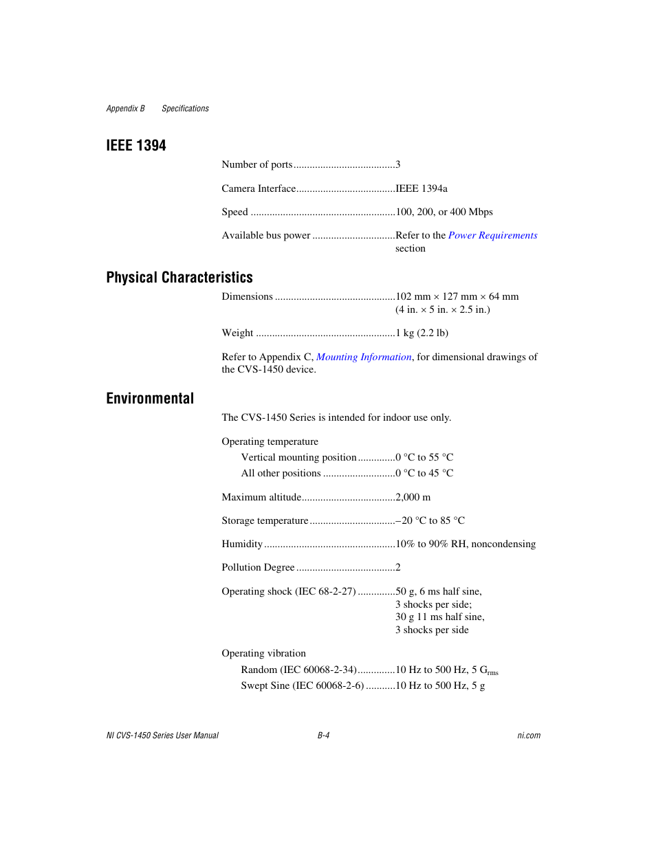 Ieee 1394, Physical characteristics, Environmental | National Instruments NI CVS-1450 Series User Manual | Page 76 / 91