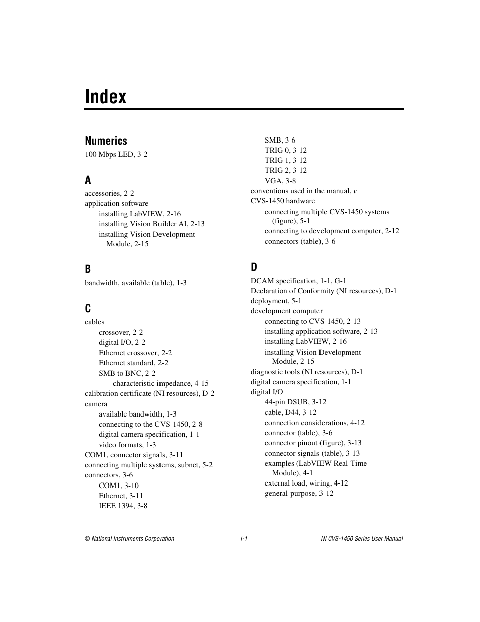 Index, Numerics | National Instruments NI CVS-1450 Series User Manual | Page 87 / 91