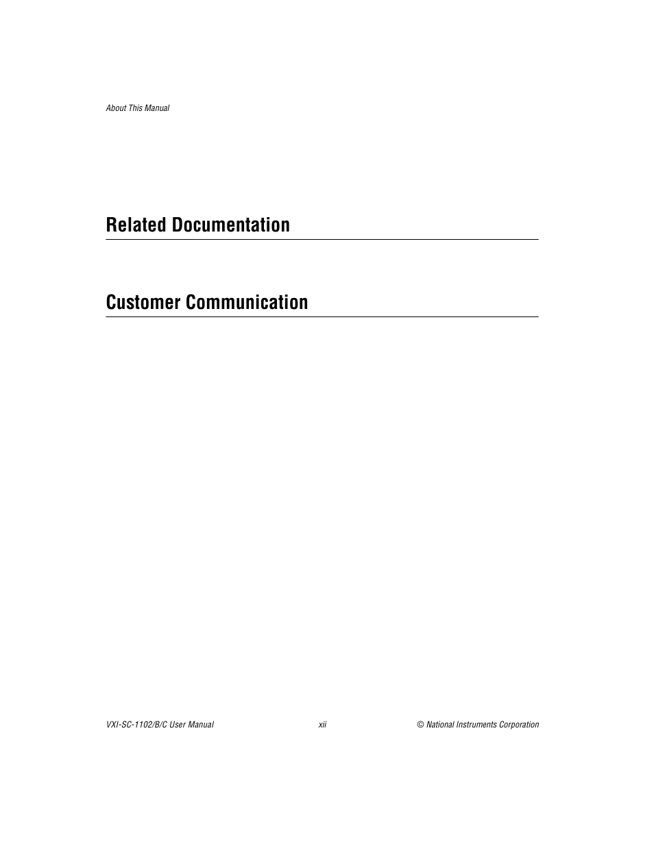 Related documentation, Customer communication | National Instruments VXI-SC-1102 User Manual | Page 10 / 57