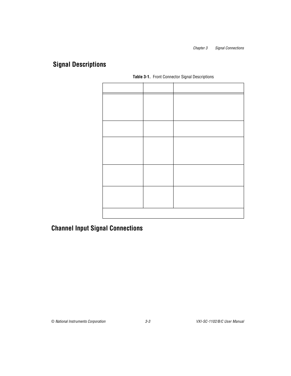 Signal descriptions, Channel input signal connections, Table 3-1. front connector signal descriptions | Table 3-1, Front connector signal descriptions -3 | National Instruments VXI-SC-1102 User Manual | Page 24 / 57
