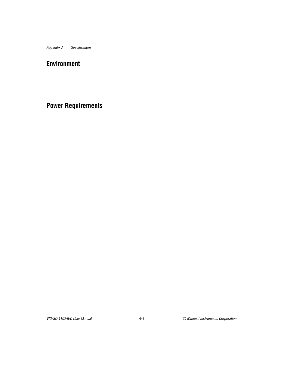 Environment, Power requirements | National Instruments VXI-SC-1102 User Manual | Page 39 / 57
