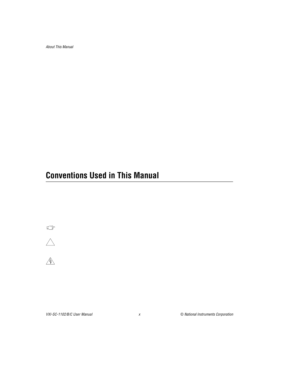 Conventions used in this manual | National Instruments VXI-SC-1102 User Manual | Page 8 / 57