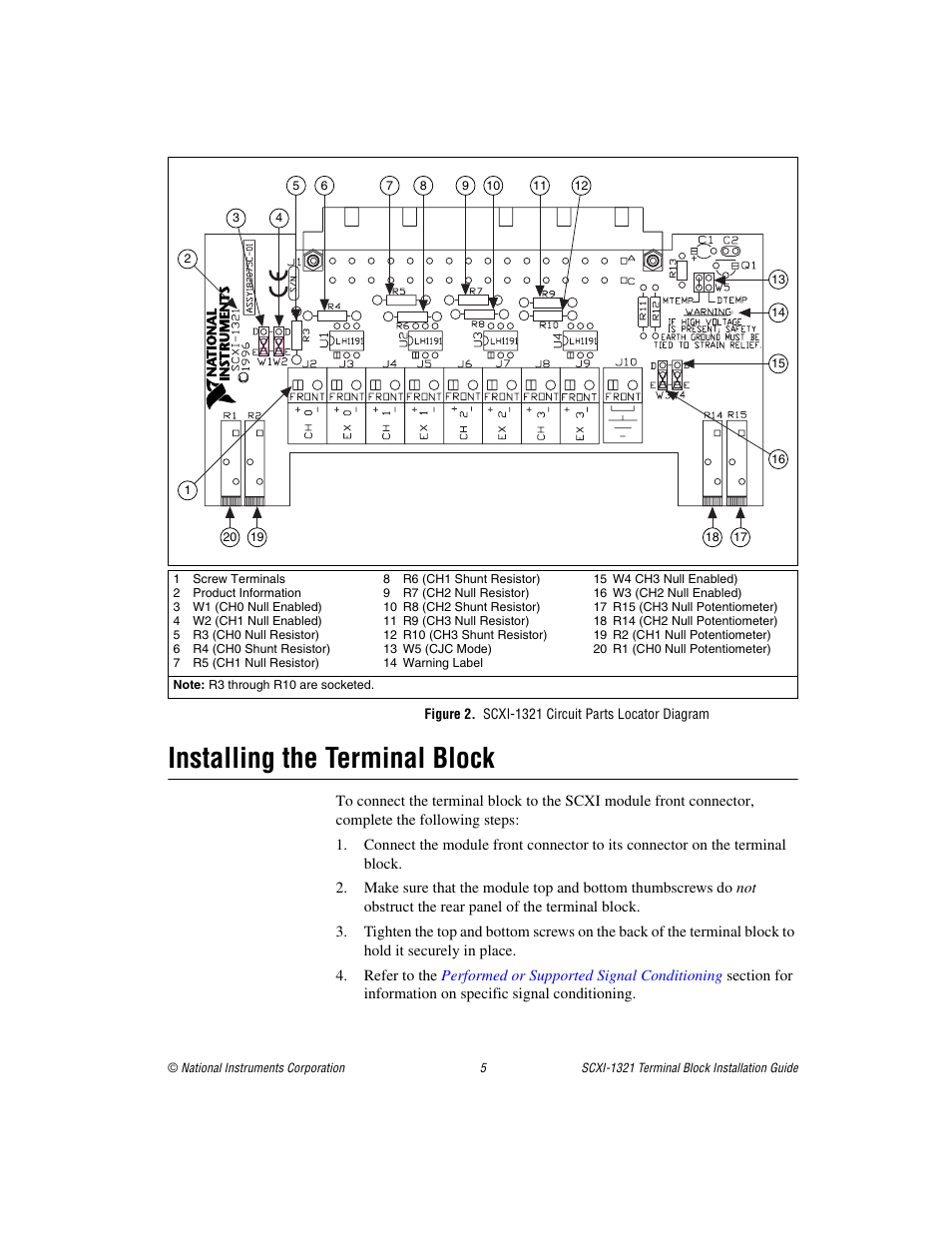 Figure 2. scxi-1321 circuit parts locator diagram, Installing the terminal block | National Instruments SCXI-1321 User Manual | Page 5 / 16