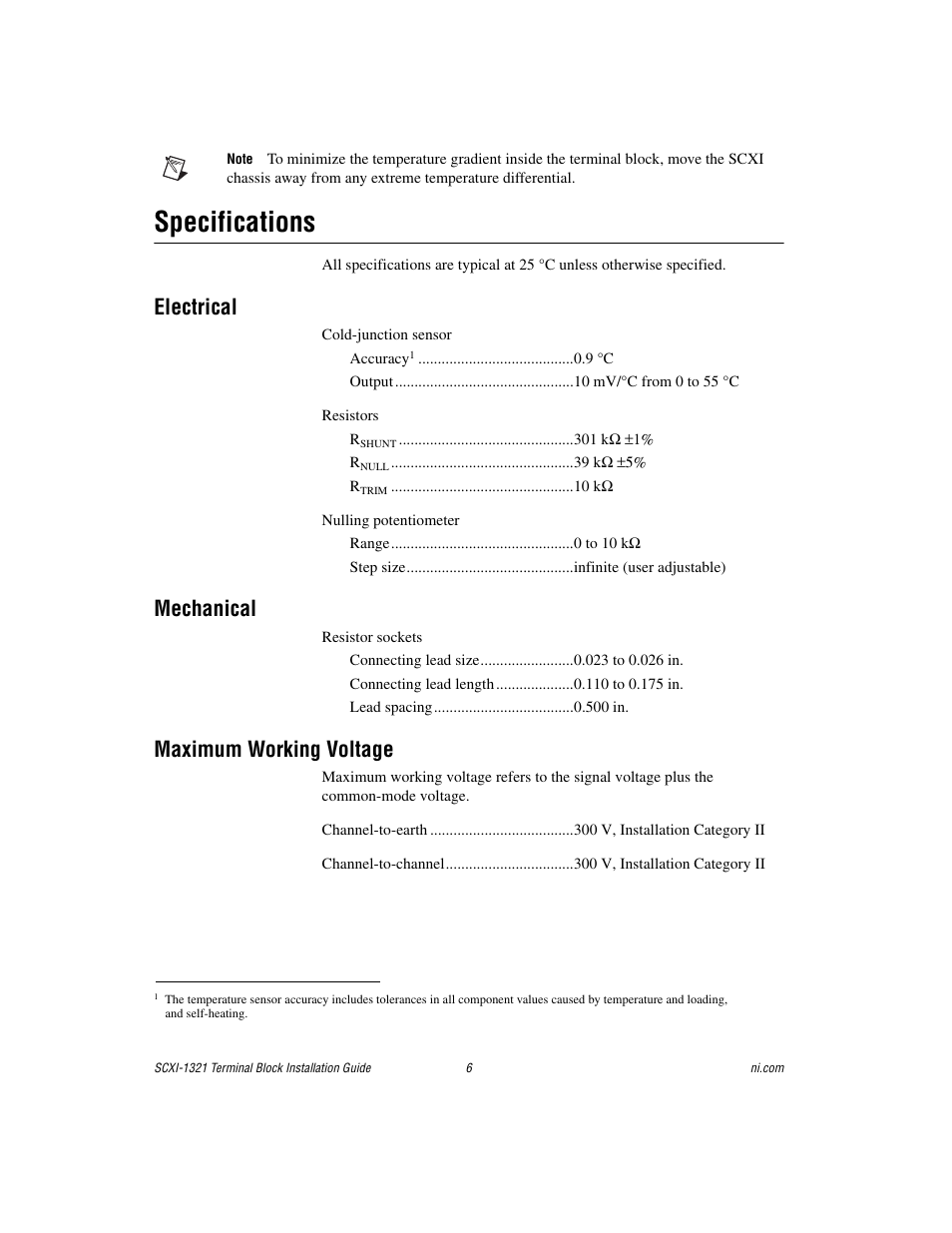 Specifications, Electrical, Mechanical | Maximum working voltage | National Instruments SCXI-1321 User Manual | Page 6 / 16