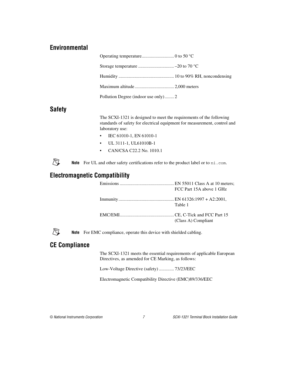 Environmental, Safety, Electromagnetic compatibility | Ce compliance | National Instruments SCXI-1321 User Manual | Page 7 / 16