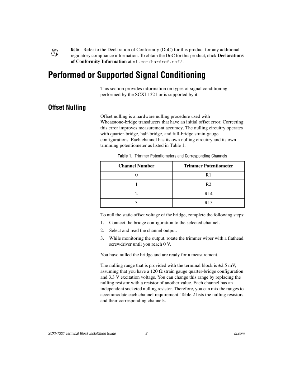 Performed or supported signal conditioning, Offset nulling | National Instruments SCXI-1321 User Manual | Page 8 / 16