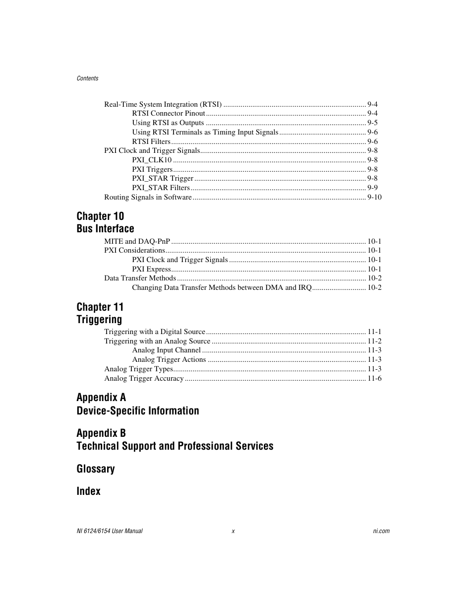 Chapter 10 bus interface, Chapter 11 triggering | National Instruments Network Device DAQ S User Manual | Page 10 / 173