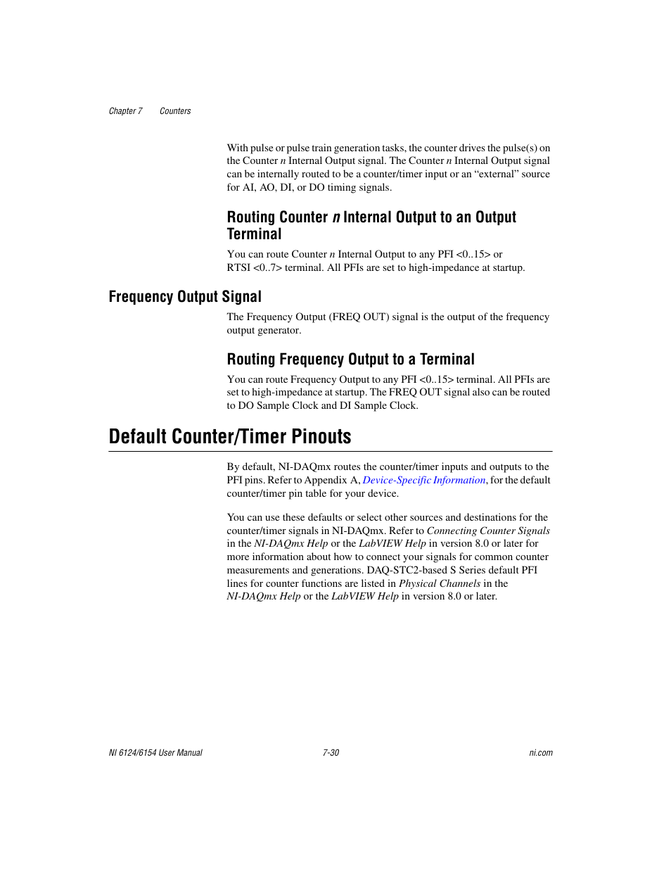 Frequency output signal, Routing frequency output to a terminal, Default counter/timer pinouts | Frequency output signal -30, Routing frequency output to a terminal -30, Default counter/timer pinouts -30, Default, Counter/timer pinouts | National Instruments Network Device DAQ S User Manual | Page 102 / 173