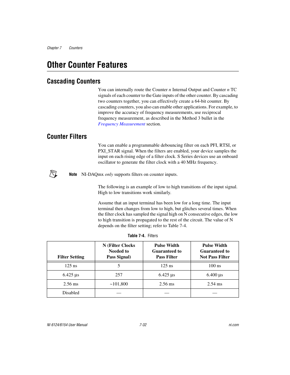 Other counter features, Cascading counters, Counter filters | Table 7-4. filters, Other counter features -32, Cascading counters -32 counter filters -32 | National Instruments Network Device DAQ S User Manual | Page 104 / 173