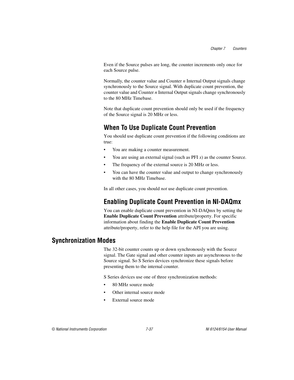 When to use duplicate count prevention, Enabling duplicate count prevention in ni-daqmx, Synchronization modes | Synchronization modes -37 | National Instruments Network Device DAQ S User Manual | Page 109 / 173