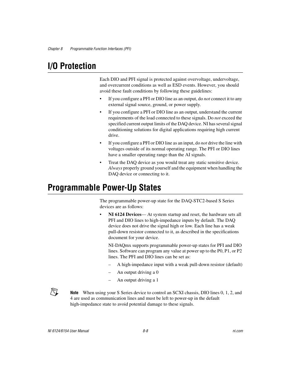 I/o protection, Programmable power-up states, I/o protection -8 programmable power-up states -8 | National Instruments Network Device DAQ S User Manual | Page 119 / 173