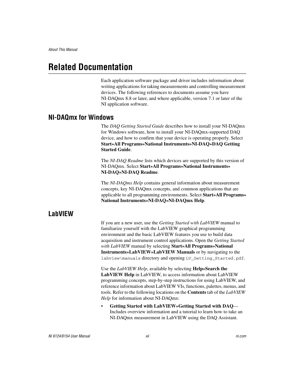 Related documentation, Ni-daqmx for windows, Labview | National Instruments Network Device DAQ S User Manual | Page 12 / 173