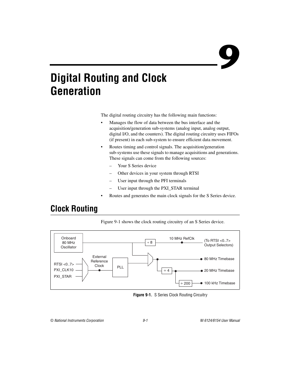 Chapter 9 digital routing and clock generation, Clock routing, Figure 9-1. s series clock routing circuitry | Clock routing -1, Digital routing and clock generation | National Instruments Network Device DAQ S User Manual | Page 121 / 173