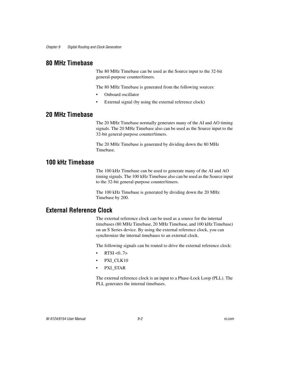 80 mhz timebase, 20 mhz timebase, 100 khz timebase | External reference clock | National Instruments Network Device DAQ S User Manual | Page 122 / 173