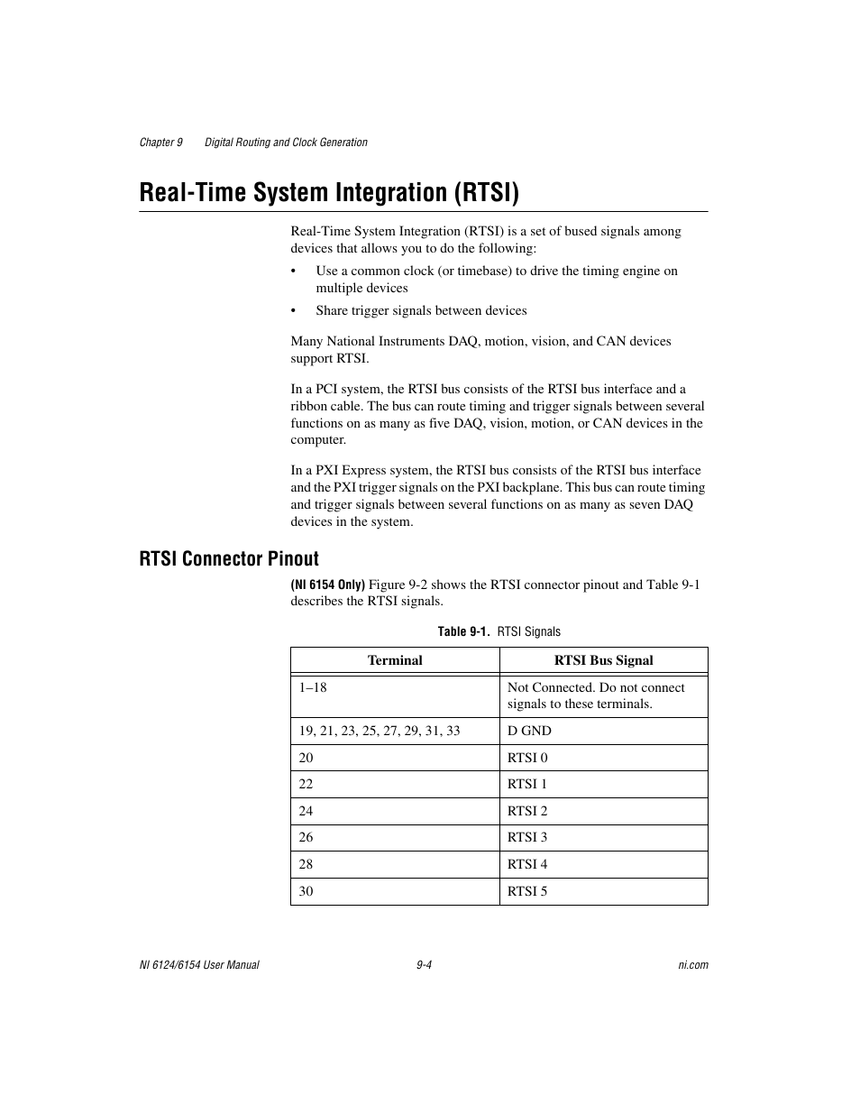Real-time system integration (rtsi), Rtsi connector pinout, Table 9-1. rtsi signals | Real-time system integration (rtsi) -4, Rtsi connector pinout -4 | National Instruments Network Device DAQ S User Manual | Page 124 / 173