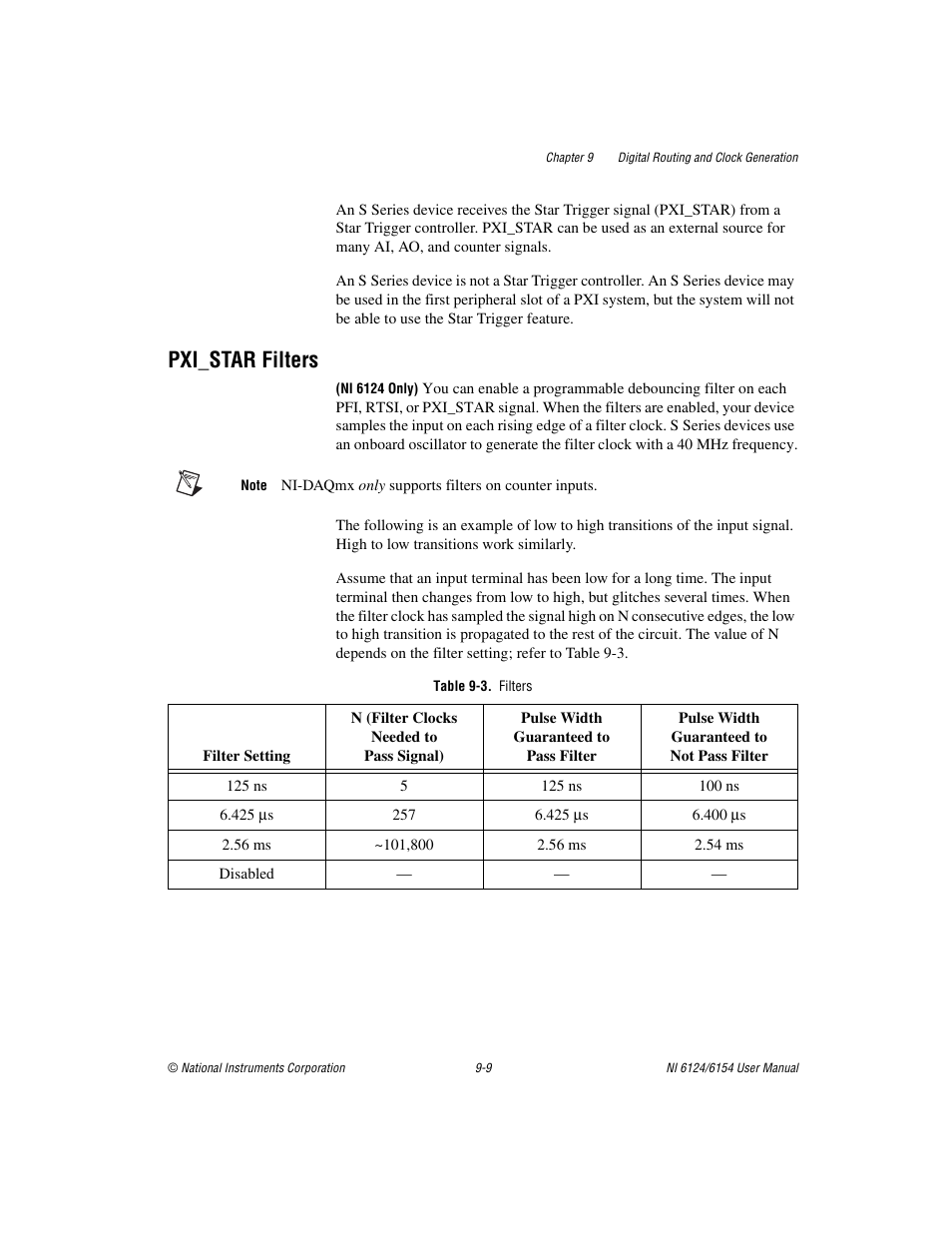 Pxi_star filters, Table 9-3. filters, Pxi_star filters -9 | National Instruments Network Device DAQ S User Manual | Page 129 / 173