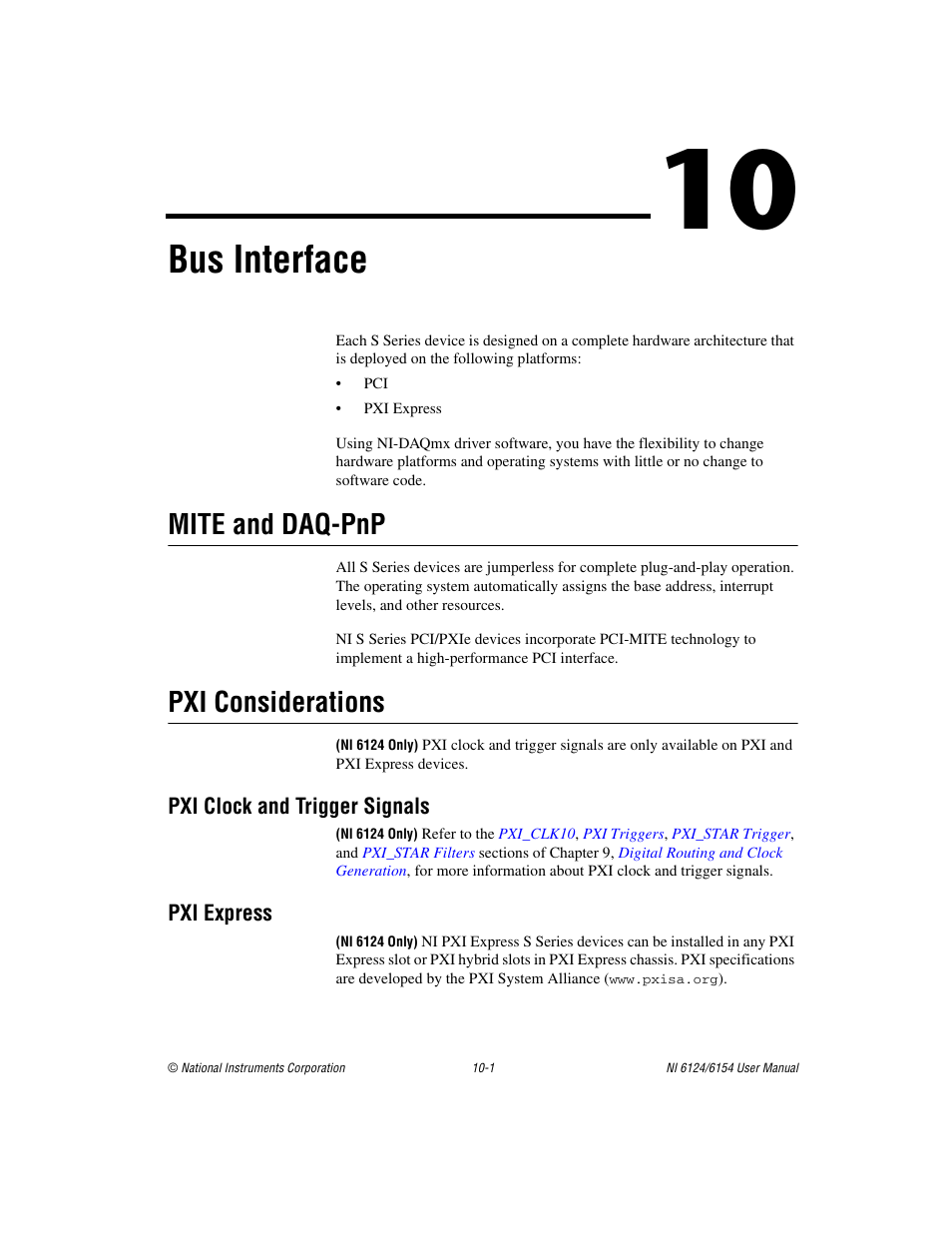 Chapter 10 bus interface, Mite and daq-pnp, Pxi considerations | Pxi clock and trigger signals, Pxi express, Mite and daq-pnp -1 pxi considerations -1, Pxi clock and trigger signals -1 pxi express -1, Chapter 10, Bus interface | National Instruments Network Device DAQ S User Manual | Page 131 / 173